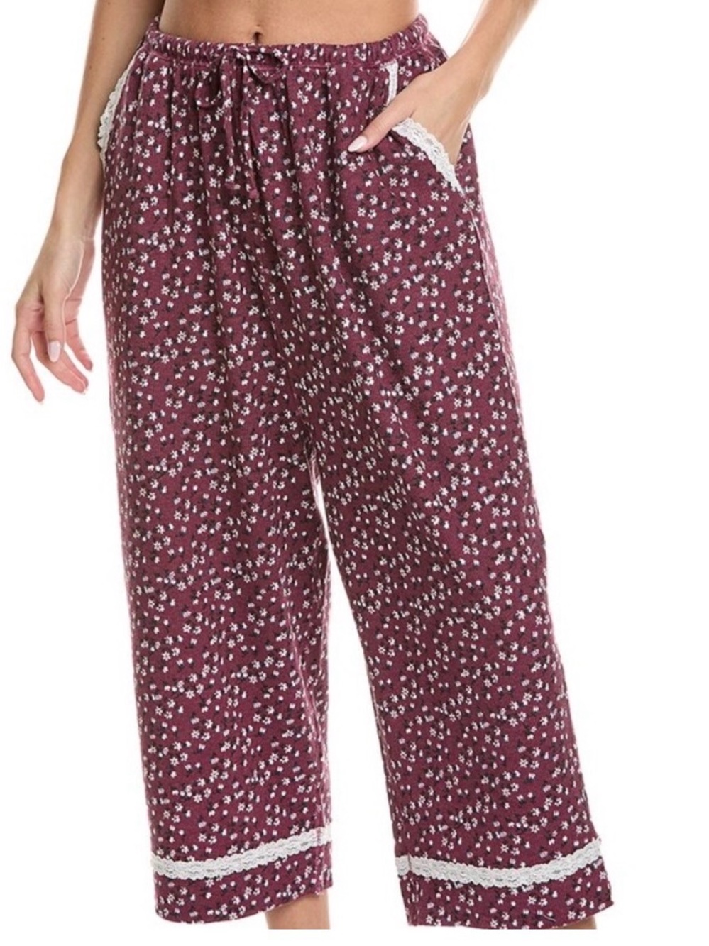 Free People Sugar Dreams Sleep Pant Wine Waffle Size XL Lace Trim Pockets Floral
